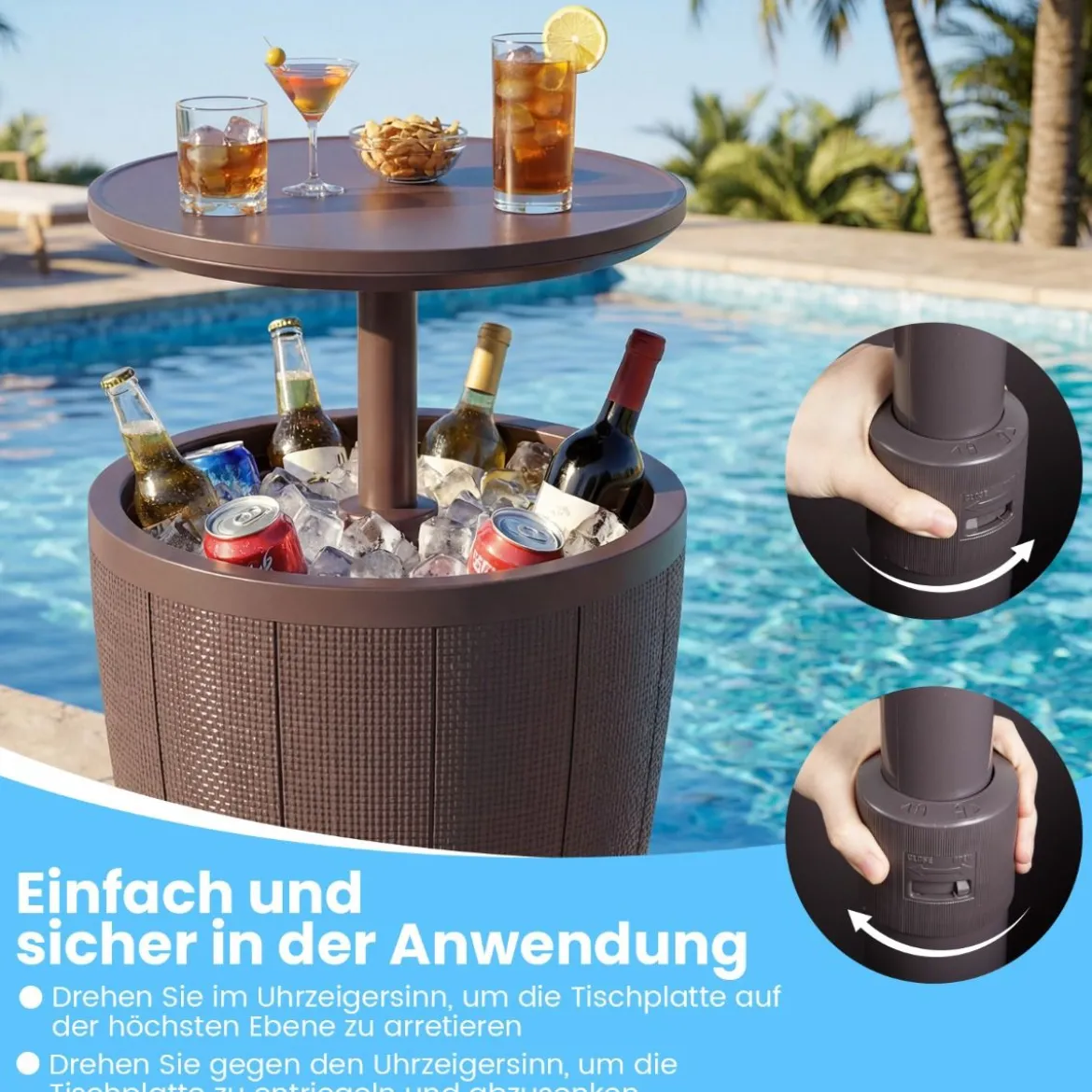 Outdoor Cocktailtisch höhenverstellbar 38L Getränkekühler mit Hebedeckel & Ablassventil Braun