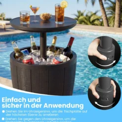 Outdoor Cocktailtisch höhenverstellbar 38L Getränkekühler mit Hebedeckel & Ablassventil Schwarz