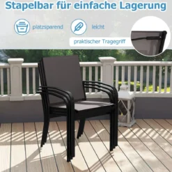 Outdoor-Esszimmerstuhl-Set mit 4 Stühlen stapelbare Terrassen-Sling-Stühle mit atmungsaktivem Stoff Grau
