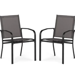 Outdoor-Esszimmerstuhl-Set mit 2 Stühlen stapelbare Terrassen-Sling-Stühle mit atmungsaktivem Stoff Grau