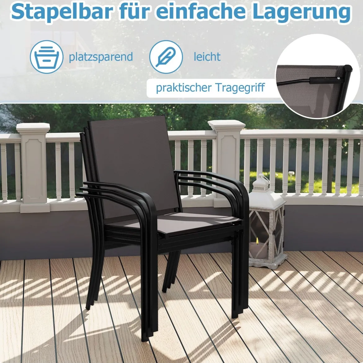 Outdoor-Esszimmerstuhl-Set mit 2 Stühlen stapelbare Terrassen-Sling-Stühle mit atmungsaktivem Stoff Grau