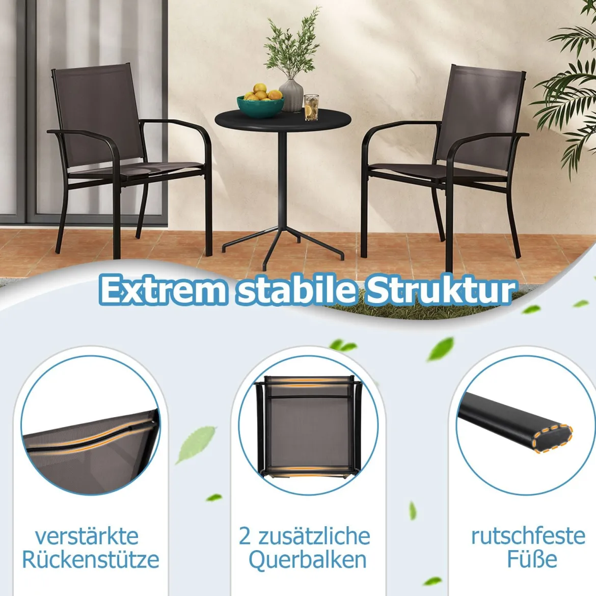Outdoor-Esszimmerstuhl-Set mit 2 Stühlen stapelbare Terrassen-Sling-Stühle mit atmungsaktivem Stoff Grau