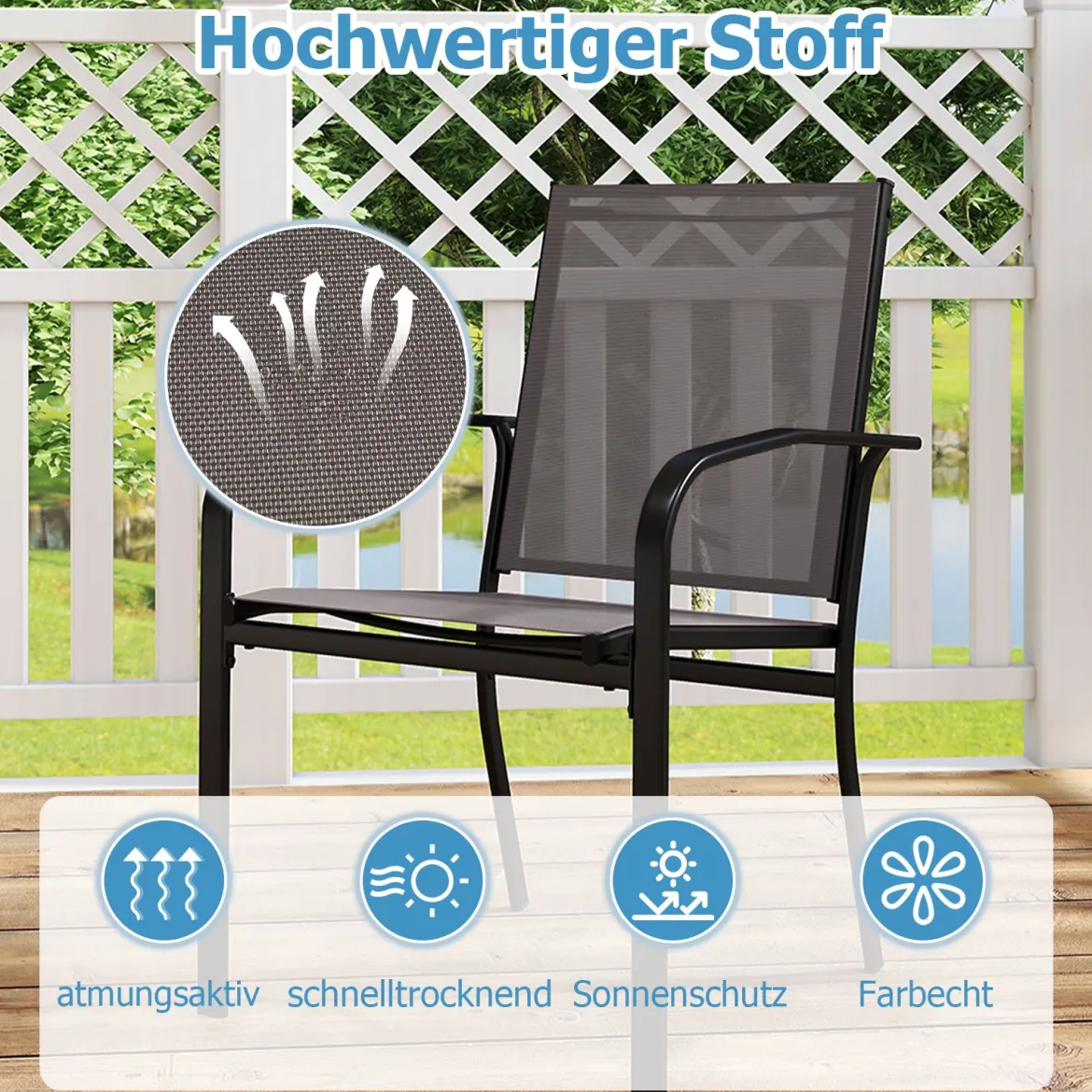 Outdoor-Esszimmerstuhl-Set mit 2 Stühlen stapelbare Terrassen-Sling-Stühle mit atmungsaktivem Stoff Grau