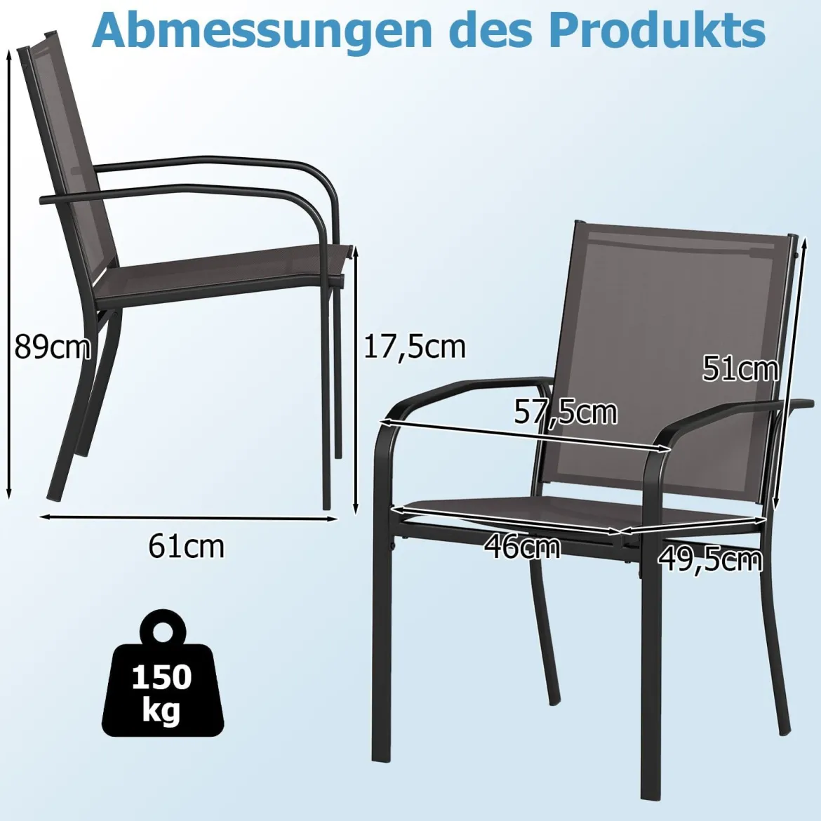 Outdoor-Esszimmerstuhl-Set mit 2 Stühlen stapelbare Terrassen-Sling-Stühle mit atmungsaktivem Stoff Grau