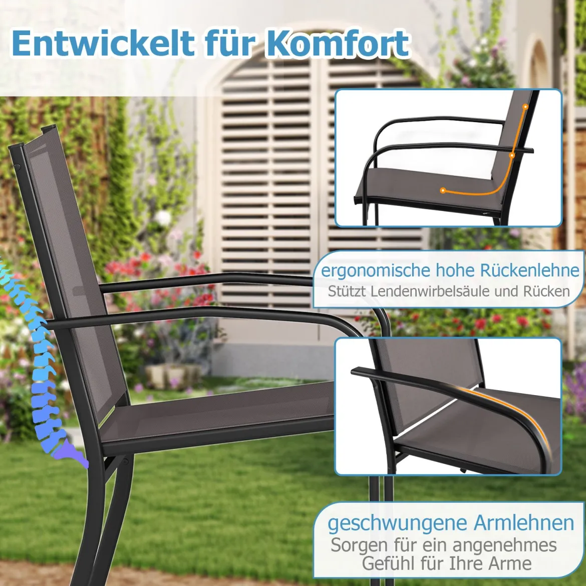 Outdoor-Esszimmerstuhl-Set mit 2 Stühlen stapelbare Terrassen-Sling-Stühle mit atmungsaktivem Stoff Grau