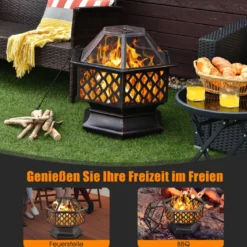 Outdoor-Feuerstelle hexagonale Feuerstelle holzbefeuerte Feuerschale 66 x 57,5 x 59 cm Schwarz