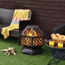 Outdoor-Feuerstelle hexagonale Feuerstelle holzbefeuerte Feuerschale 66 x 57,5 x 59 cm Schwarz
