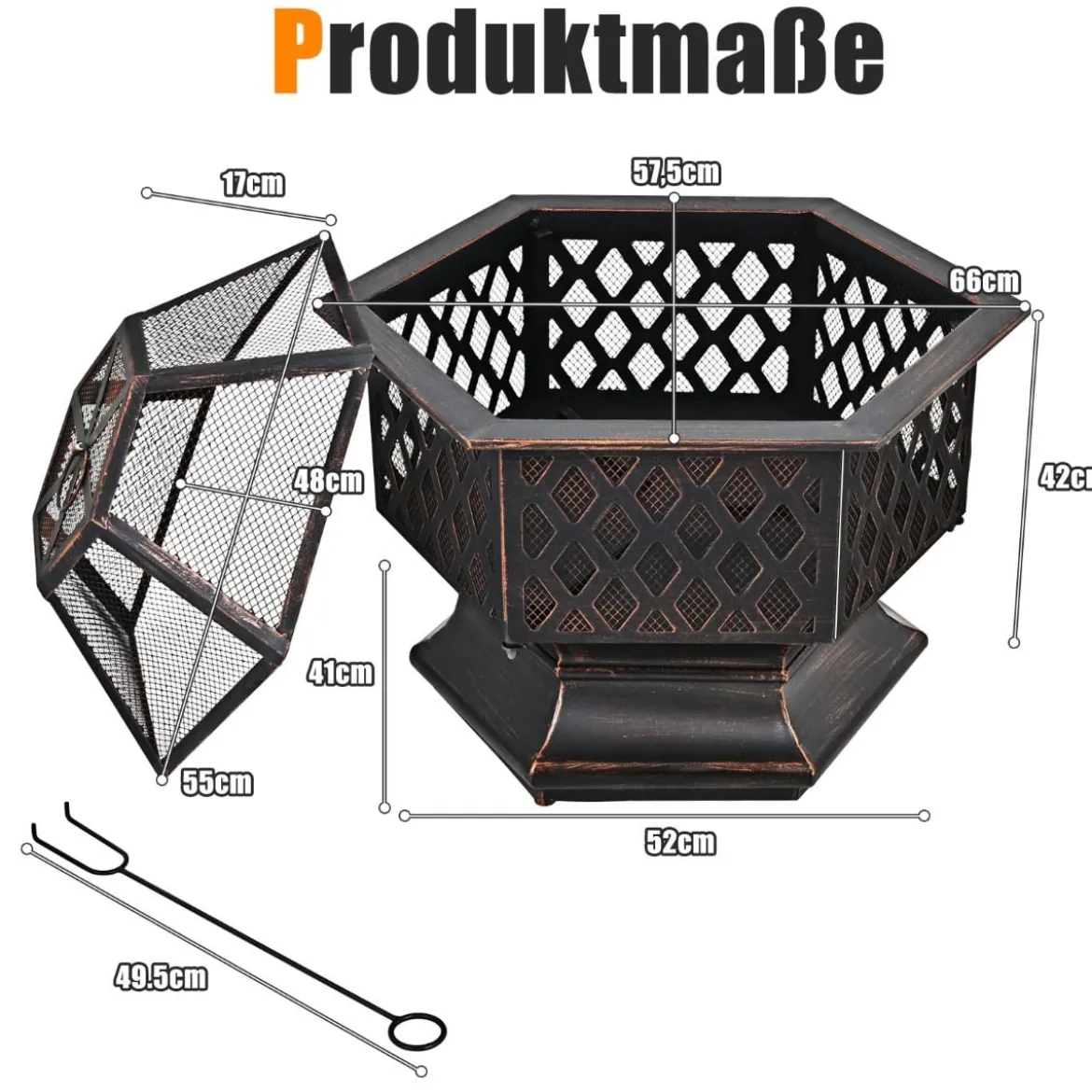Outdoor-Feuerstelle hexagonale Feuerstelle holzbefeuerte Feuerschale 66 x 57,5 x 59 cm Schwarz