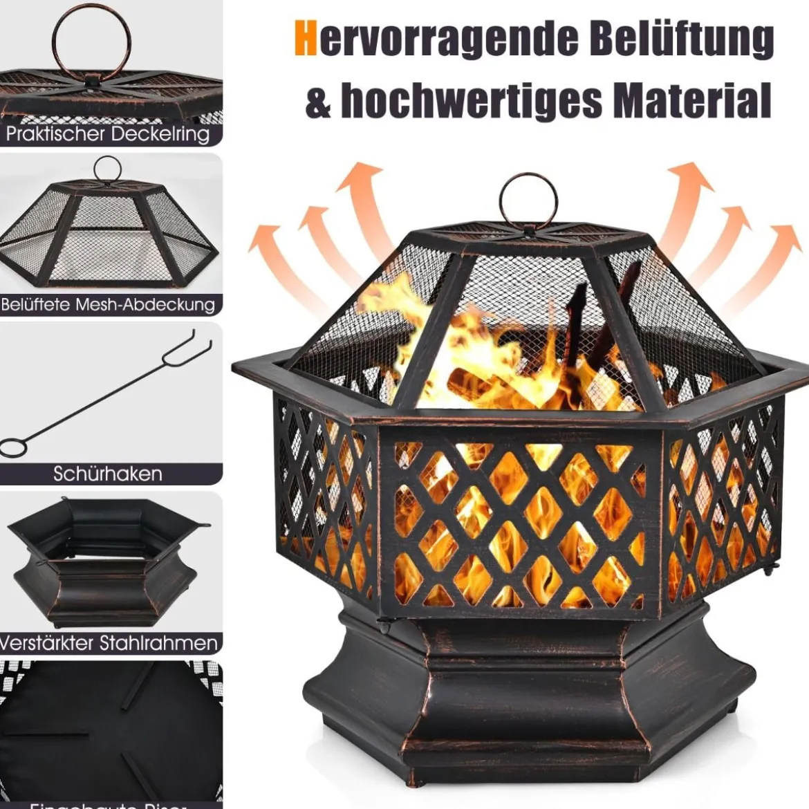Outdoor-Feuerstelle hexagonale Feuerstelle holzbefeuerte Feuerschale 66 x 57,5 x 59 cm Schwarz