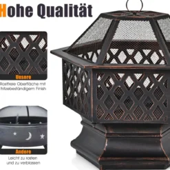 Outdoor-Feuerstelle hexagonale Feuerstelle holzbefeuerte Feuerschale 66 x 57,5 x 59 cm Schwarz