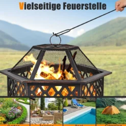 Outdoor-Feuerstelle hexagonale Feuerstelle holzbefeuerte Feuerschale 66 x 57,5 x 59 cm Schwarz