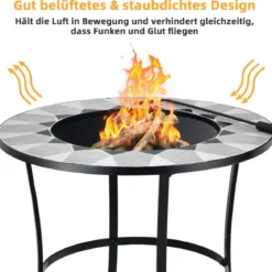 Outdoor-Feuerstelle Runder Feuertisch mit Maschendrahtdeckel 65 x 65 x 70 cm Schwarz