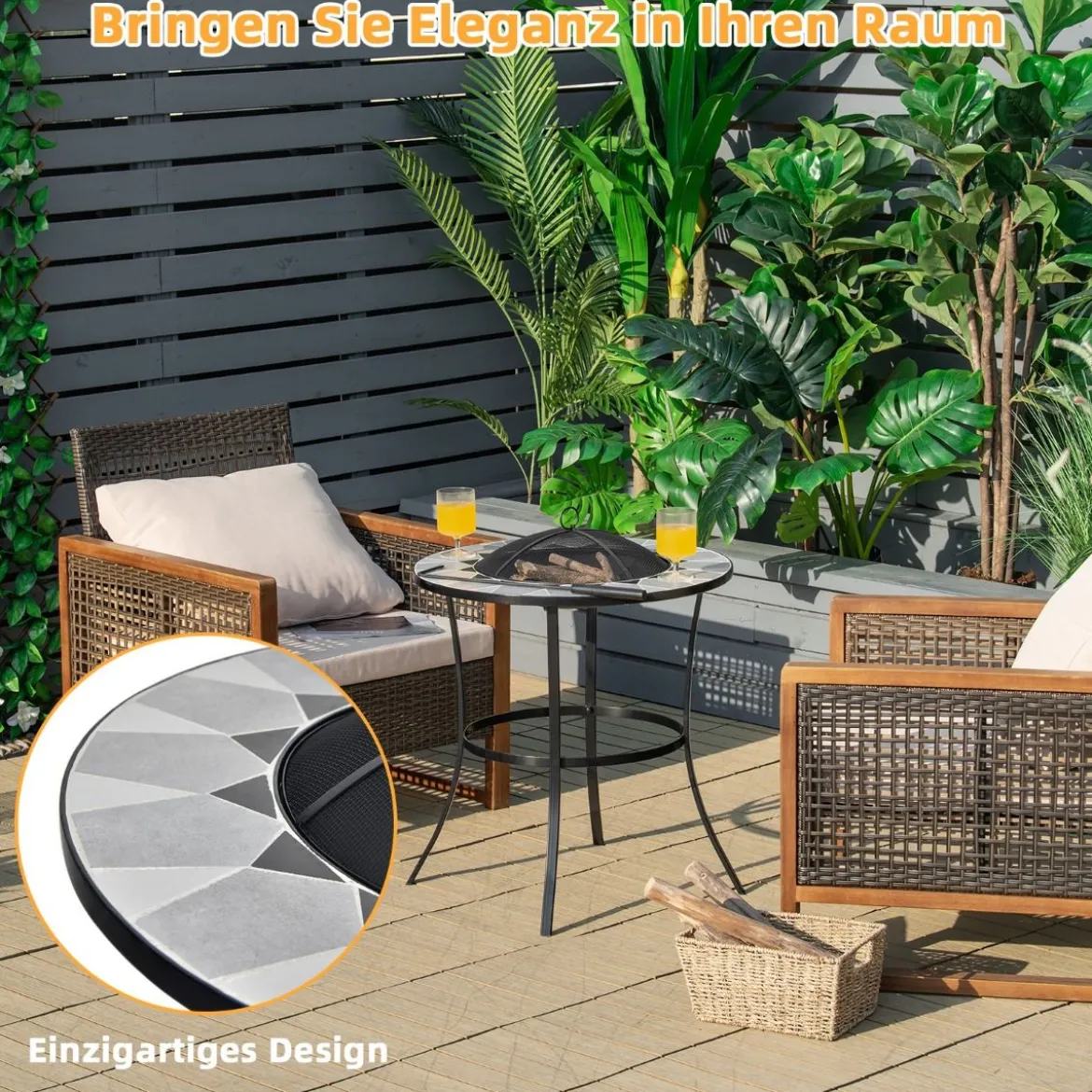 Outdoor-Feuerstelle Runder Feuertisch mit Maschendrahtdeckel 65 x 65 x 70 cm Schwarz