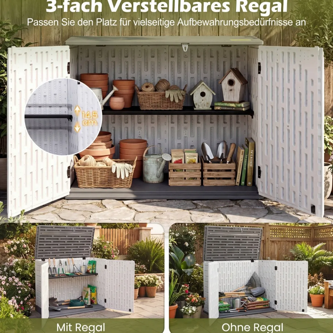 Outdoor Gartenschrank HDPE horizontale Gartenbox mit 3 Ebenen verstellbarem Regal abschließbarem Deckel & Türen