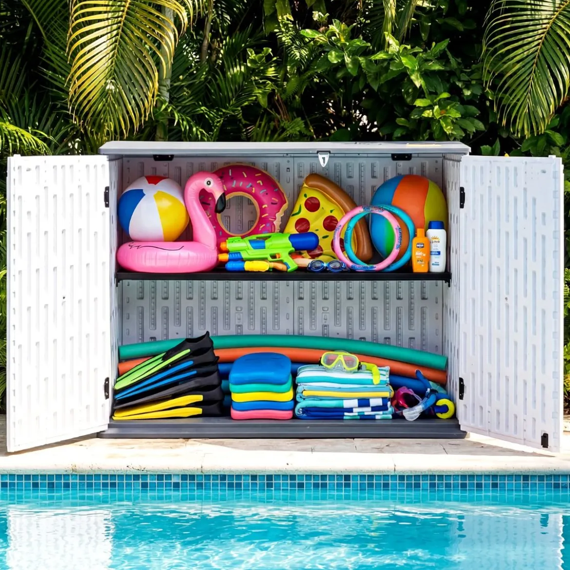 Outdoor Gartenschrank HDPE horizontale Gartenbox mit 3 Ebenen verstellbarem Regal abschließbarem Deckel & Türen
