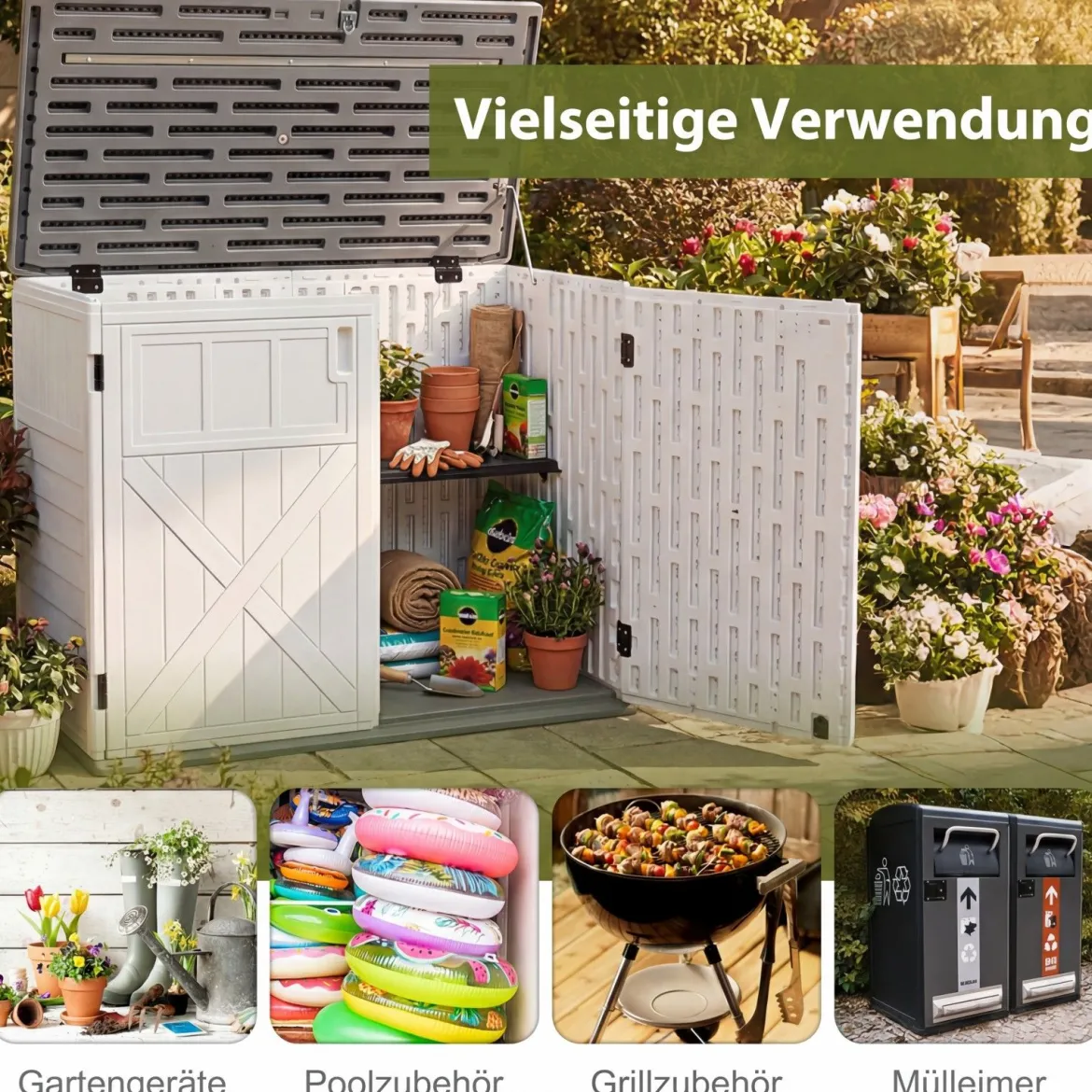Outdoor Gartenschrank HDPE horizontale Gartenbox mit 3 Ebenen verstellbarem Regal abschließbarem Deckel & Türen