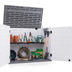 Outdoor Gartenschrank HDPE horizontale Gartenbox mit 3 Ebenen verstellbarem Regal abschließbarem Deckel & Türen