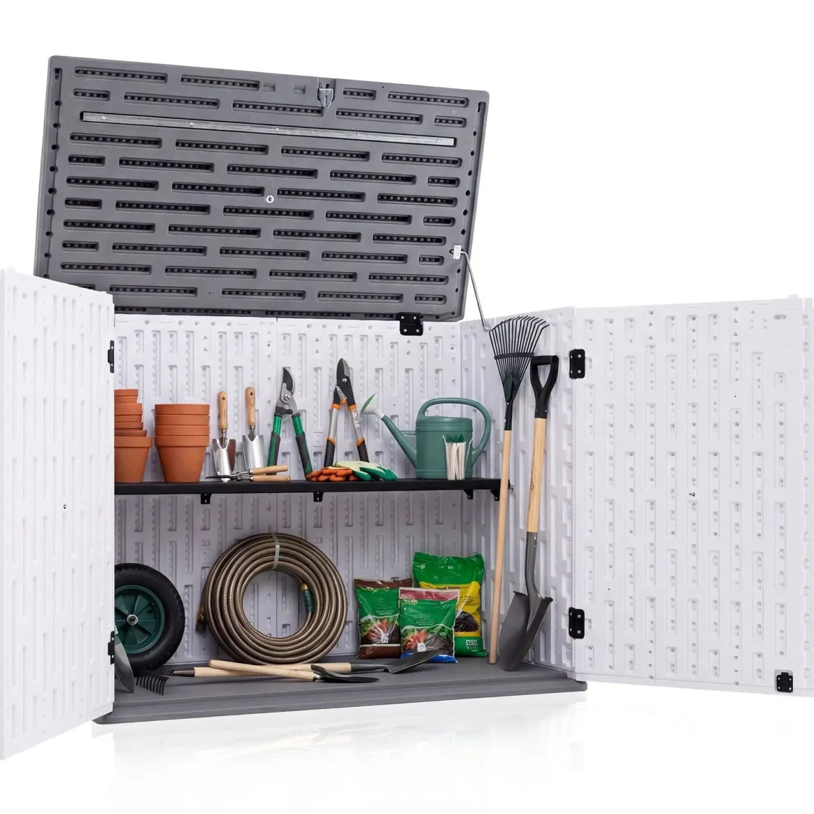 Outdoor Gartenschrank HDPE horizontale Gartenbox mit 3 Ebenen verstellbarem Regal abschließbarem Deckel & Türen