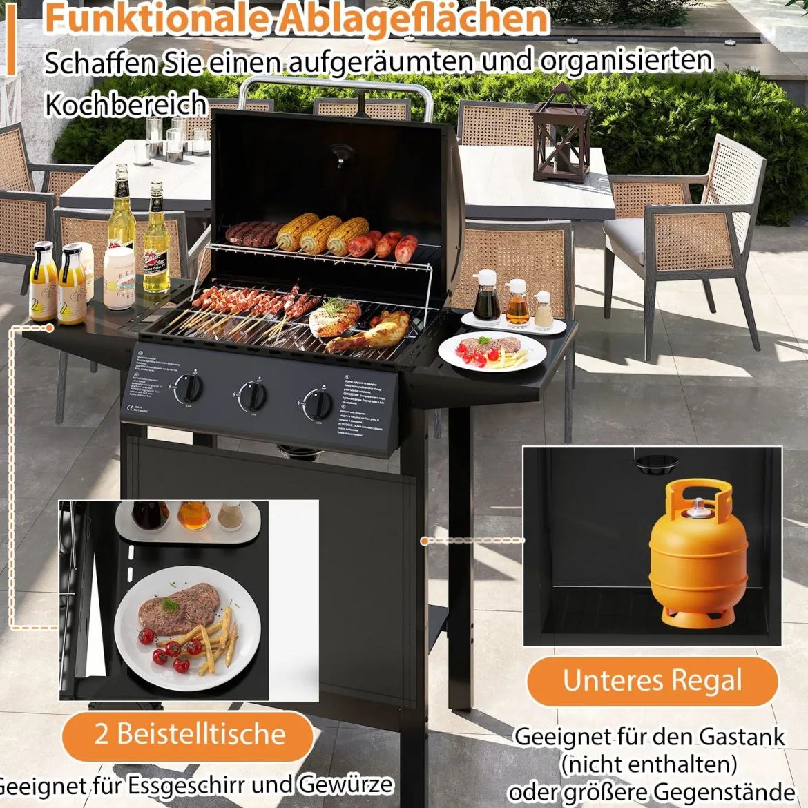 Outdoor Gasgrill mit 3 Heizzonen Tragbare Grillwagen mit Deckel Edelstahlrosten & Seitentischen