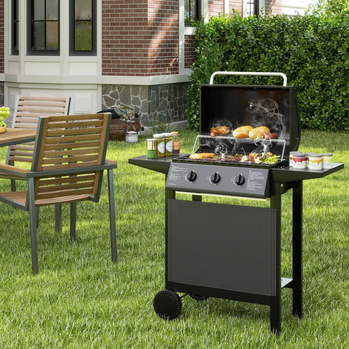 Outdoor Gasgrill mit 3 Heizzonen Tragbare Grillwagen mit Deckel Edelstahlrosten & Seitentischen