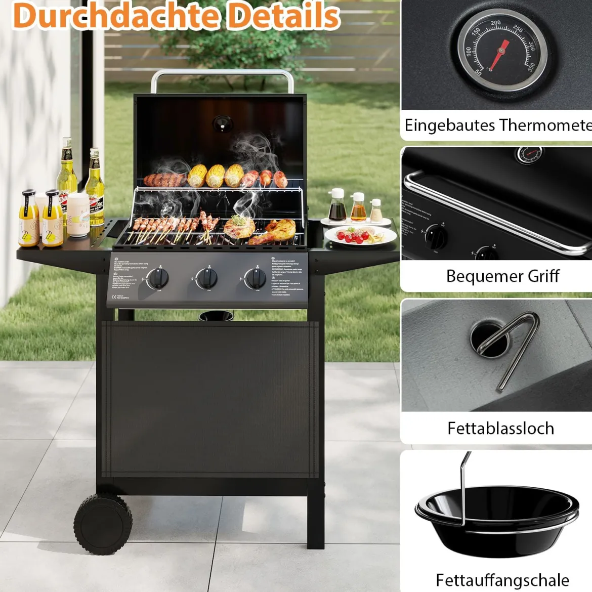 Outdoor Gasgrill mit 3 Heizzonen Tragbare Grillwagen mit Deckel Edelstahlrosten & Seitentischen