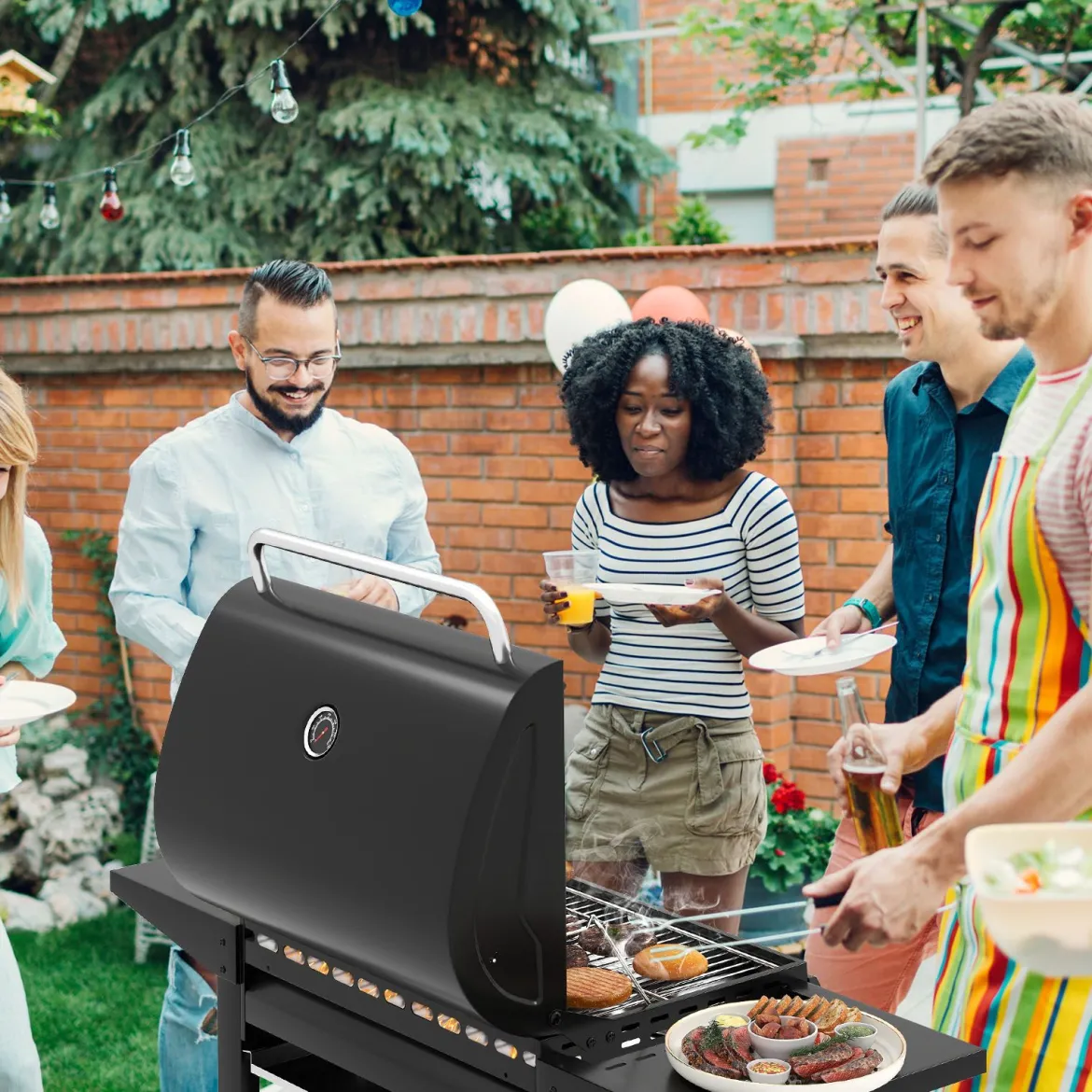 Outdoor Gasgrill mit 3 Heizzonen Tragbare Grillwagen mit Deckel Edelstahlrosten & Seitentischen