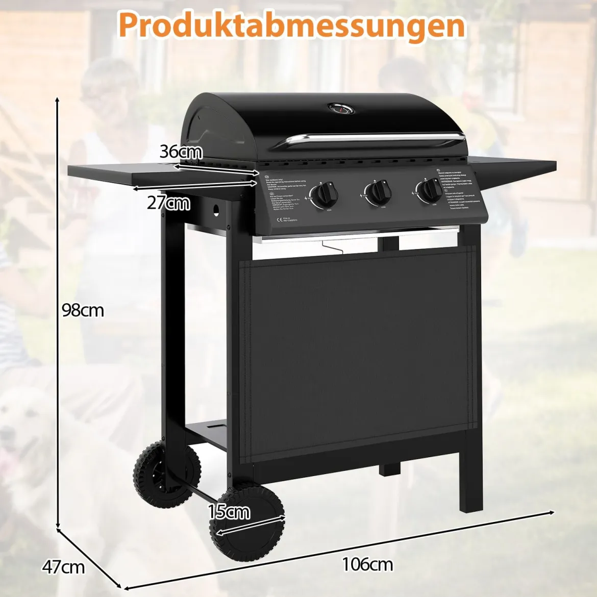 Outdoor Gasgrill mit 3 Heizzonen Tragbare Grillwagen mit Deckel Edelstahlrosten & Seitentischen