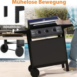 Outdoor Gasgrill mit 3 Heizzonen Tragbare Grillwagen mit Deckel Edelstahlrosten & Seitentischen