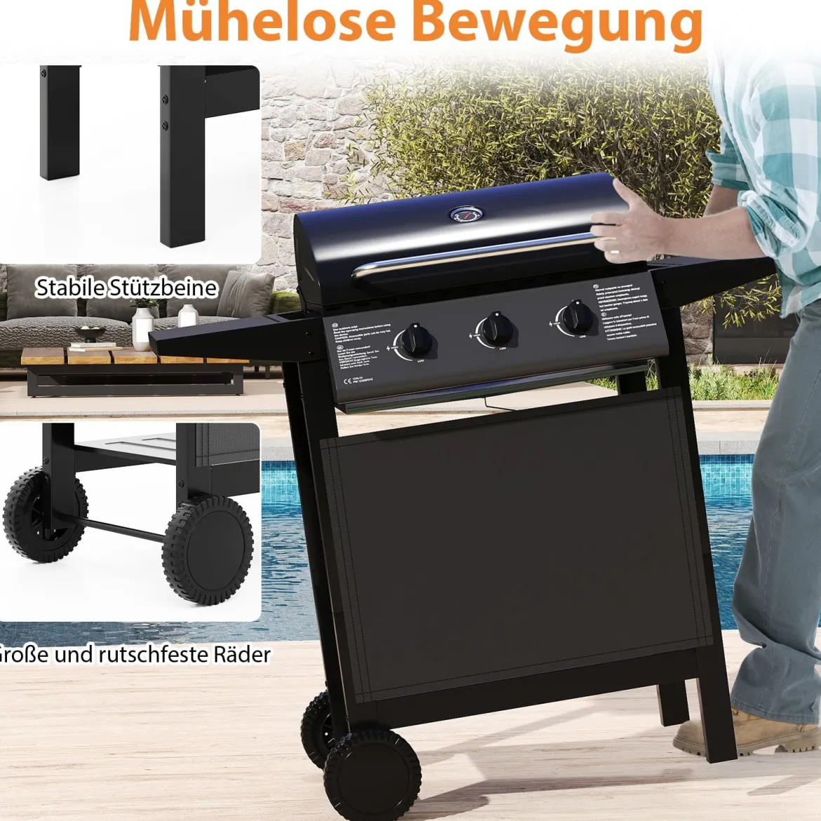 Outdoor Gasgrill mit 3 Heizzonen Tragbare Grillwagen mit Deckel Edelstahlrosten & Seitentischen
