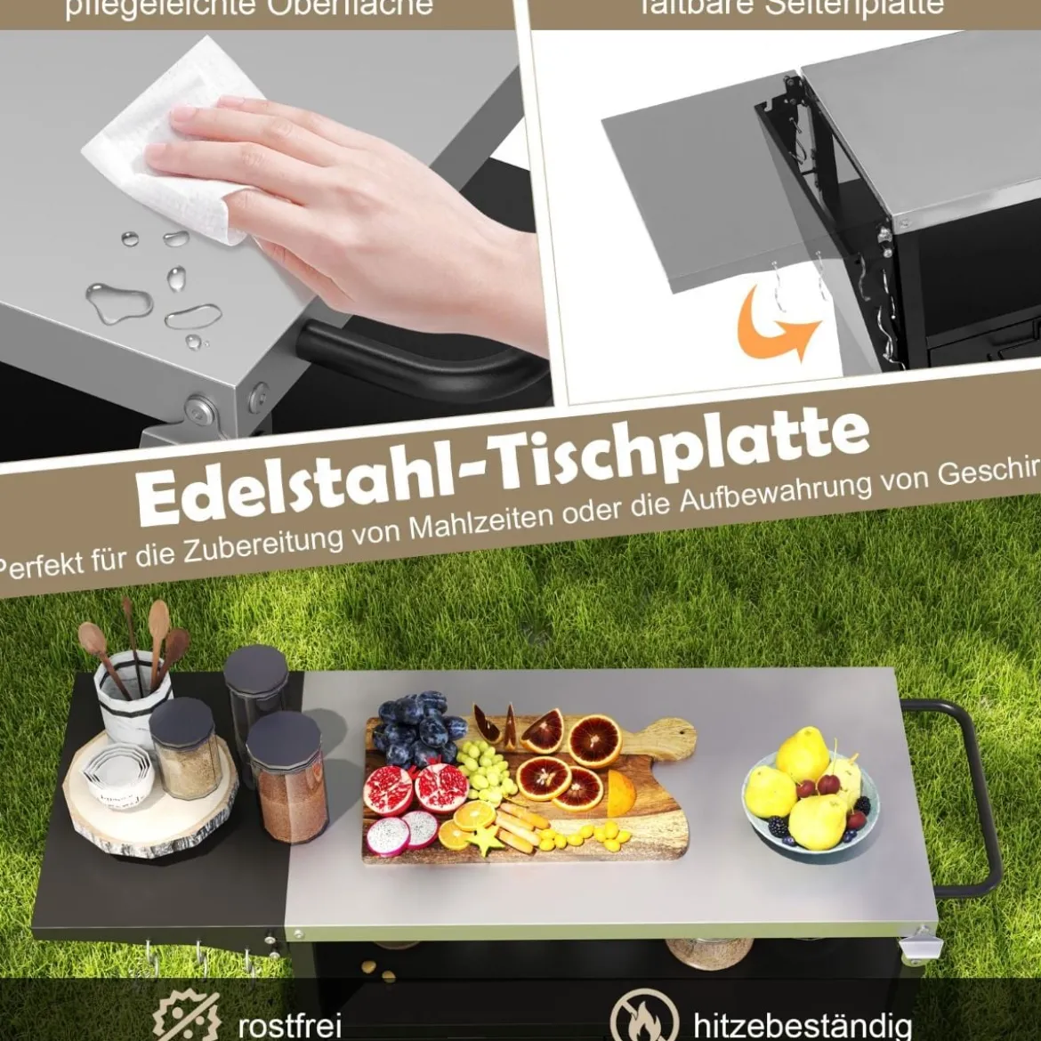 Outdoor Grillwagenmit Edelstahlplatte & Klappbarem Seitentisch & Schrank Grilltisch