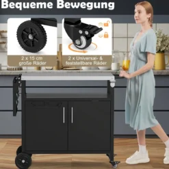 Outdoor Grillwagenmit Edelstahlplatte & Klappbarem Seitentisch & Schrank Grilltisch