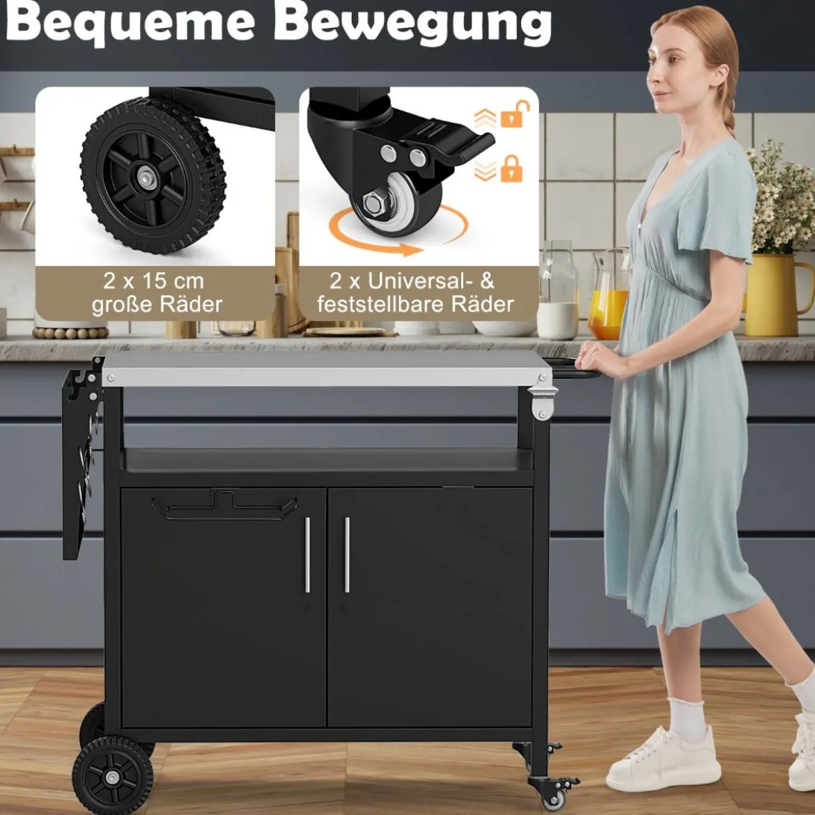 Outdoor Grillwagenmit Edelstahlplatte & Klappbarem Seitentisch & Schrank Grilltisch