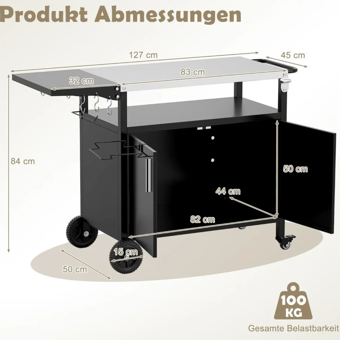 Outdoor Grillwagenmit Edelstahlplatte & Klappbarem Seitentisch & Schrank Grilltisch