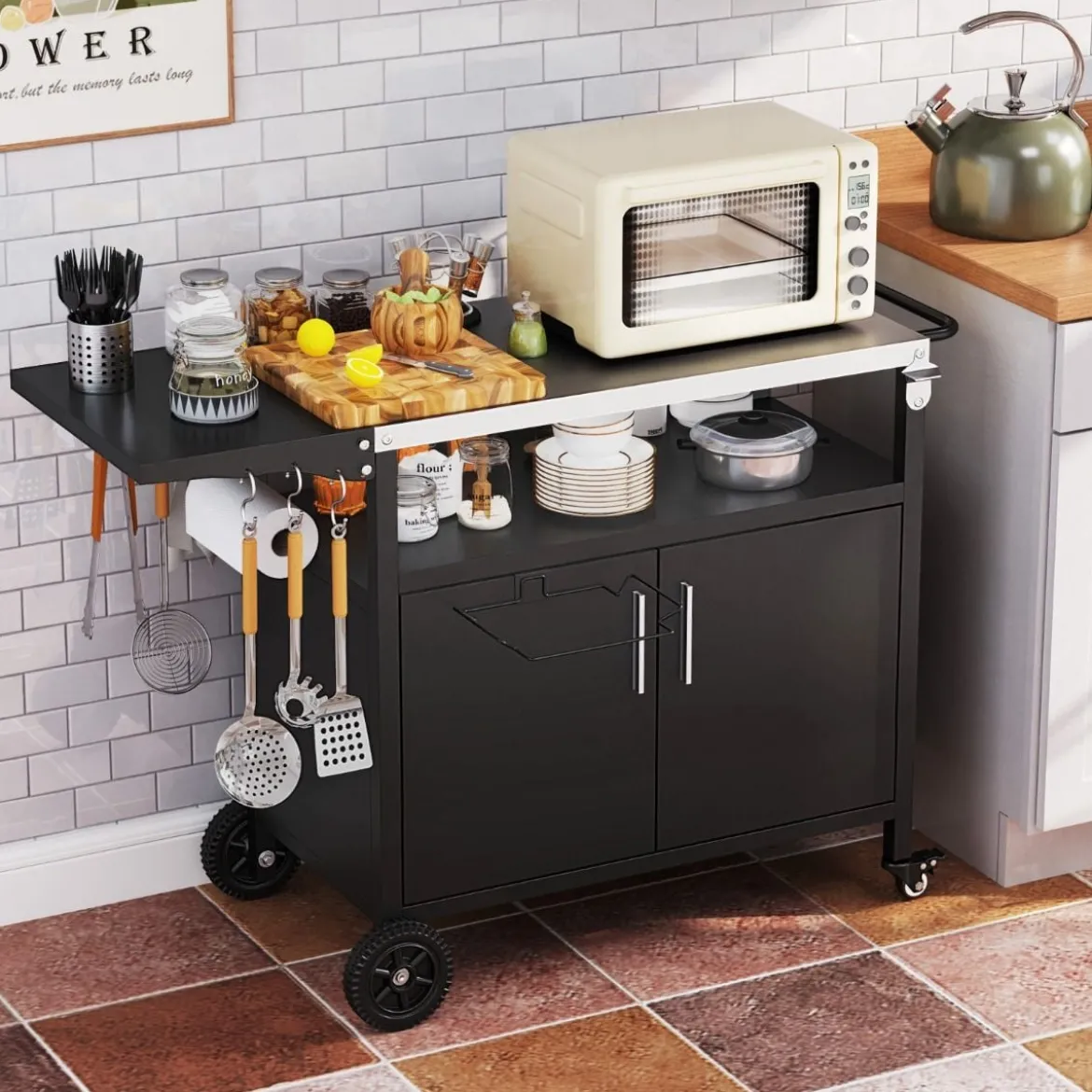 Outdoor Grillwagenmit Edelstahlplatte & Klappbarem Seitentisch & Schrank Grilltisch