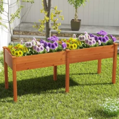 Outdoor Hochbeet mit Beinen 185 x 58 x 77 cm Holz Pflanzkasten mit Trennwand Gelb