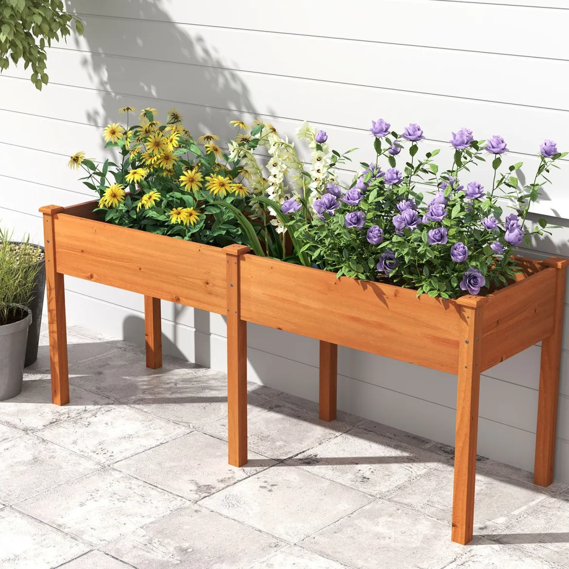 Outdoor Hochbeet mit Beinen 185 x 58 x 77 cm Holz Pflanzkasten mit Trennwand Gelb