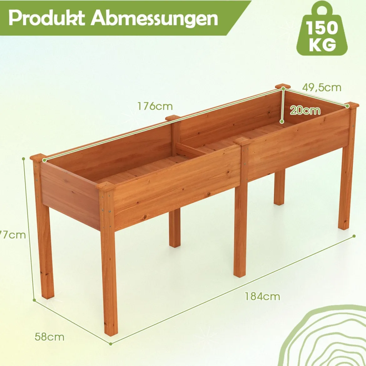 Outdoor Hochbeet mit Beinen 185 x 58 x 77 cm Holz Pflanzkasten mit Trennwand Gelb