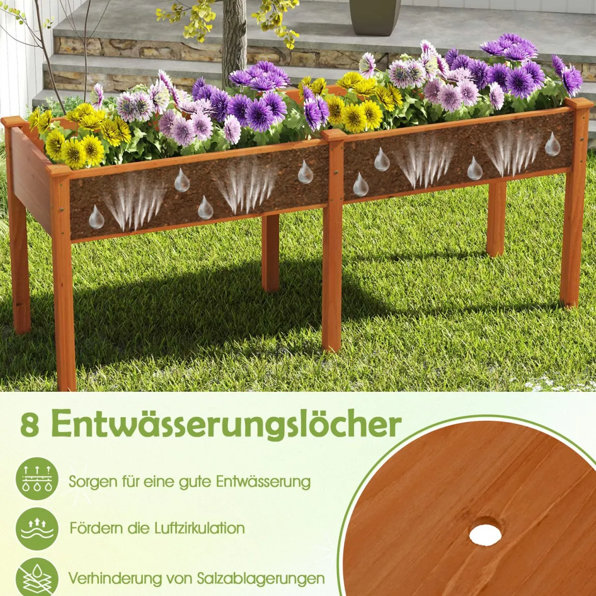 Outdoor Hochbeet mit Beinen 185 x 58 x 77 cm Holz Pflanzkasten mit Trennwand Gelb