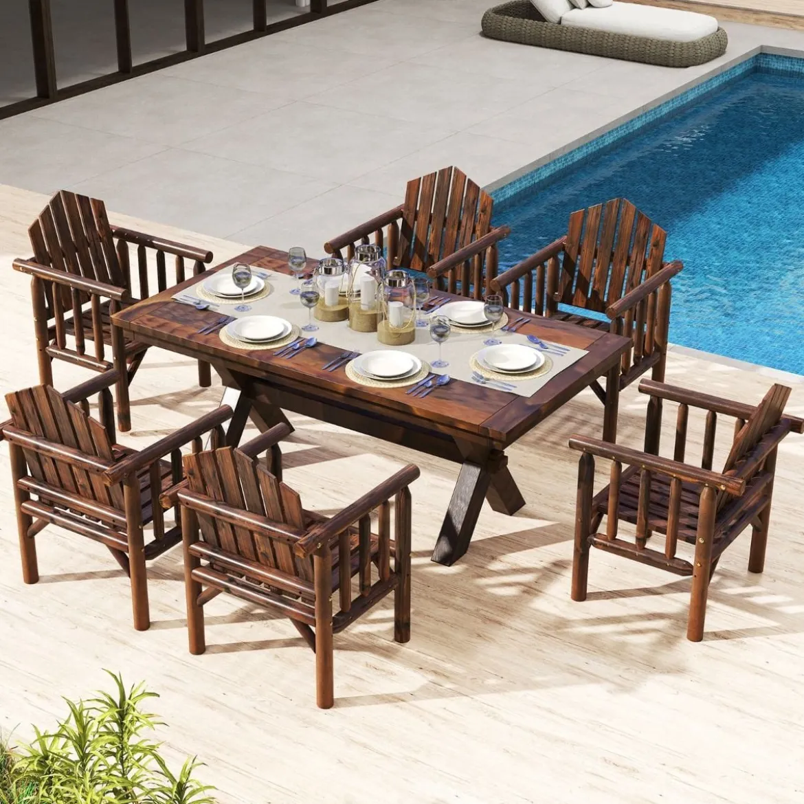 Outdoor-Holz-Armlehnsessel Holz-Patio-Essstuhl mit Armlehnen und geneigter hoher Rückenlehne Braun