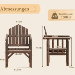 Outdoor-Holz-Armlehnsessel Holz-Patio-Essstuhl mit Armlehnen und geneigter hoher Rückenlehne Braun