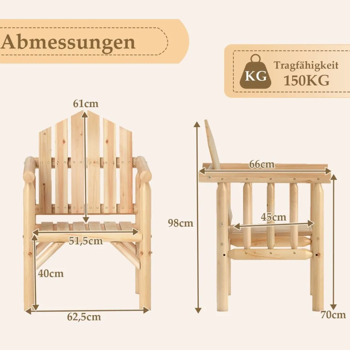 Outdoor-Holz-Armlehnsessel Holz-Patio-Essstuhl mit Armlehnen und geneigter hoher Rückenlehne Natur