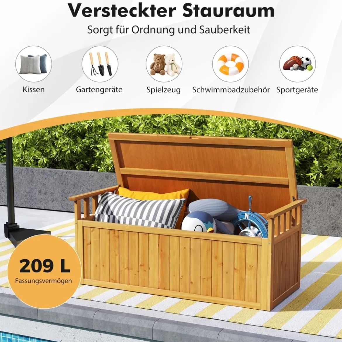 Outdoor Holz Aufbewahrungsbank mit Armlehnen & Deckel 2-Sitzer Bank mit Stauraum