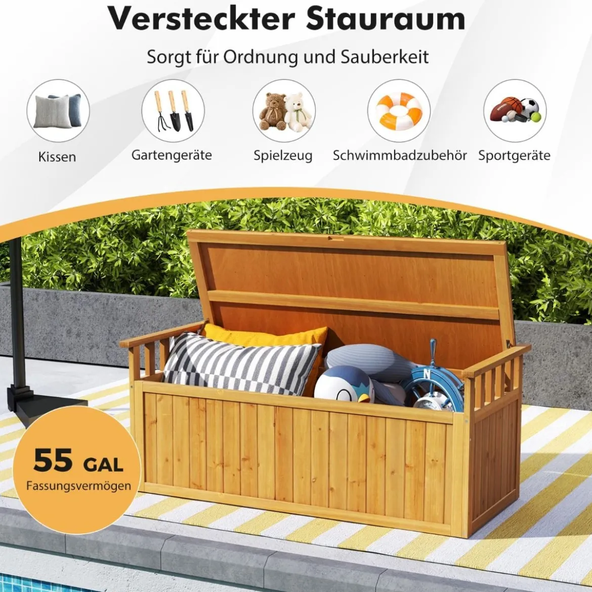 Outdoor Holz Aufbewahrungsbank mit Armlehnen & Deckel 2-Sitzer Bank mit Stauraum