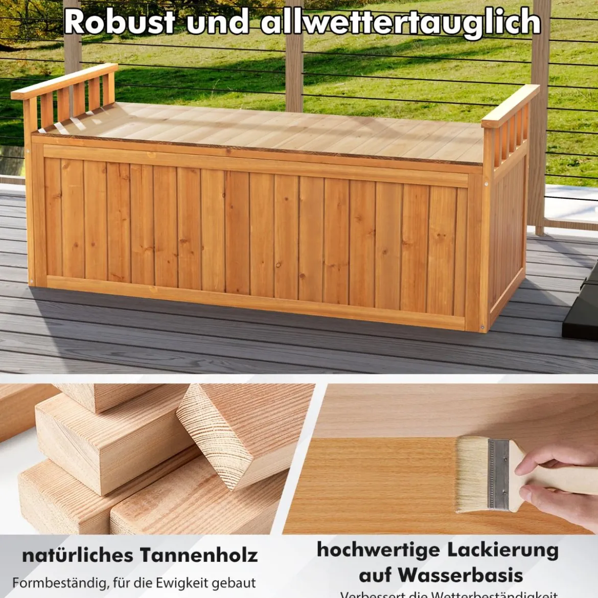Outdoor Holz Aufbewahrungsbank mit Armlehnen & Deckel 2-Sitzer Bank mit Stauraum