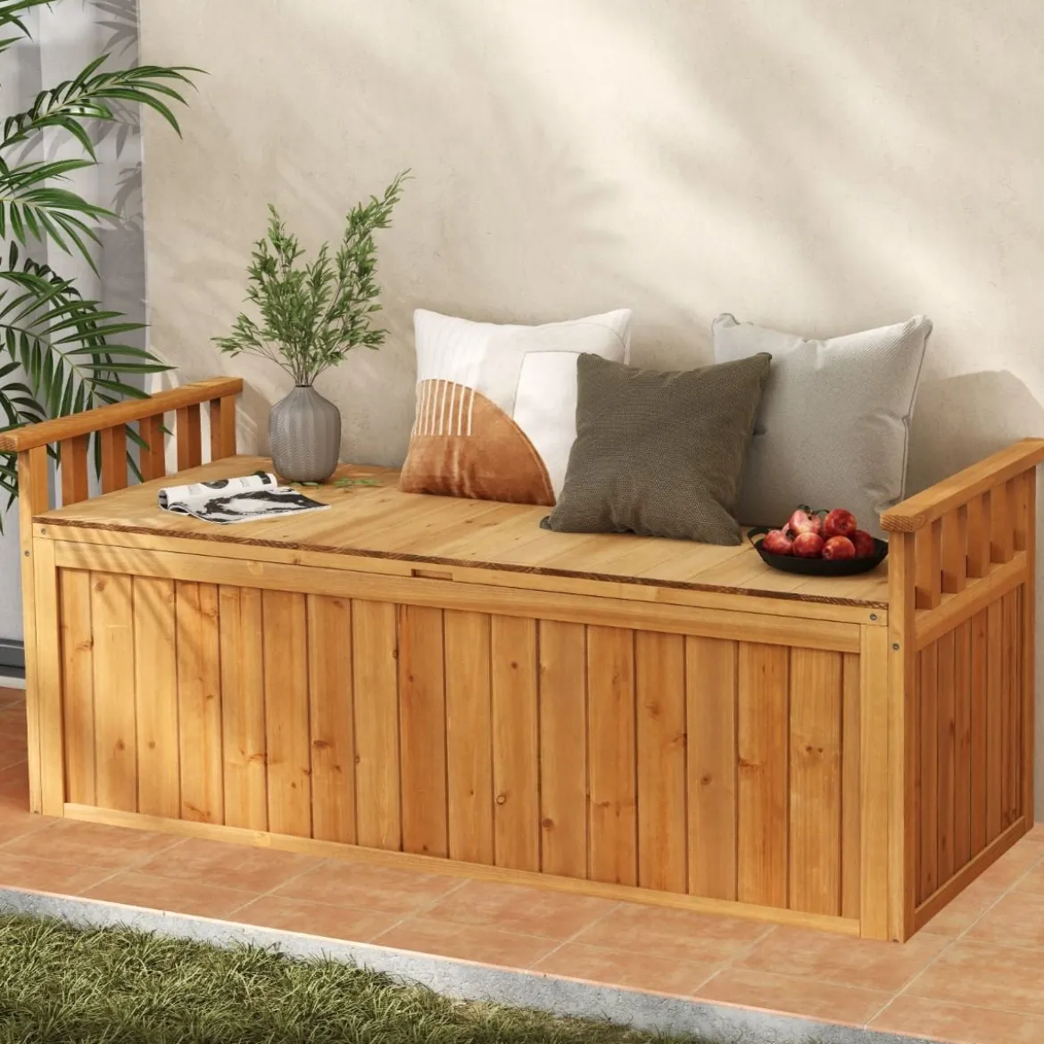 Outdoor Holz Aufbewahrungsbank mit Armlehnen & Deckel 2-Sitzer Bank mit Stauraum