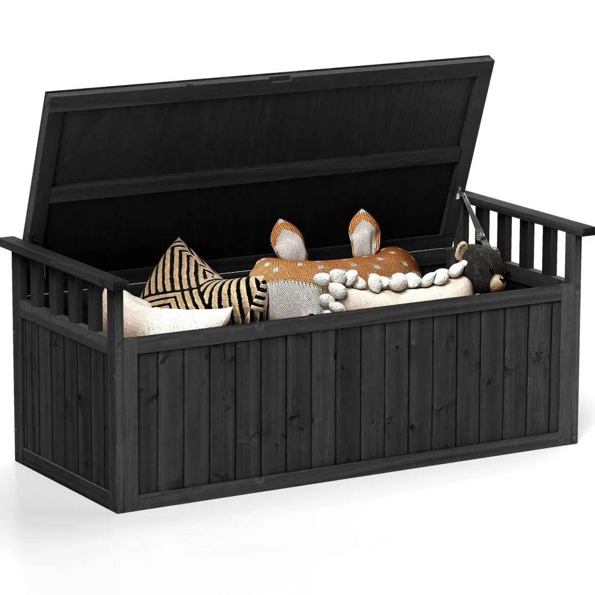 Outdoor Holz Aufbewahrungsbank mit Armlehnen & Deckel 2-Sitzer Bank mit Stauraum Schwarz