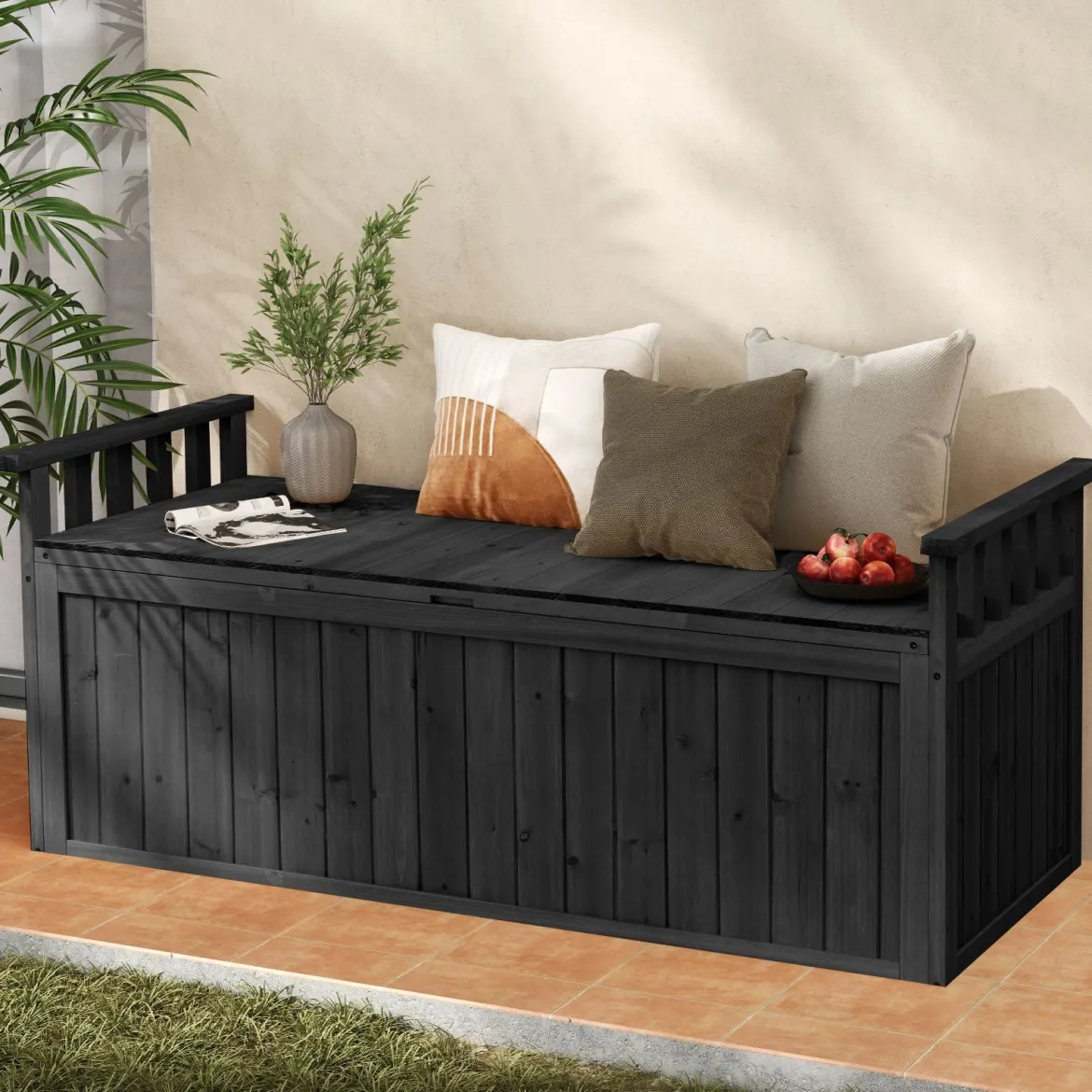 Outdoor Holz Aufbewahrungsbank mit Armlehnen & Deckel 2-Sitzer Bank mit Stauraum Schwarz