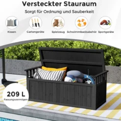 Outdoor Holz Aufbewahrungsbank mit Armlehnen & Deckel 2-Sitzer Bank mit Stauraum Schwarz
