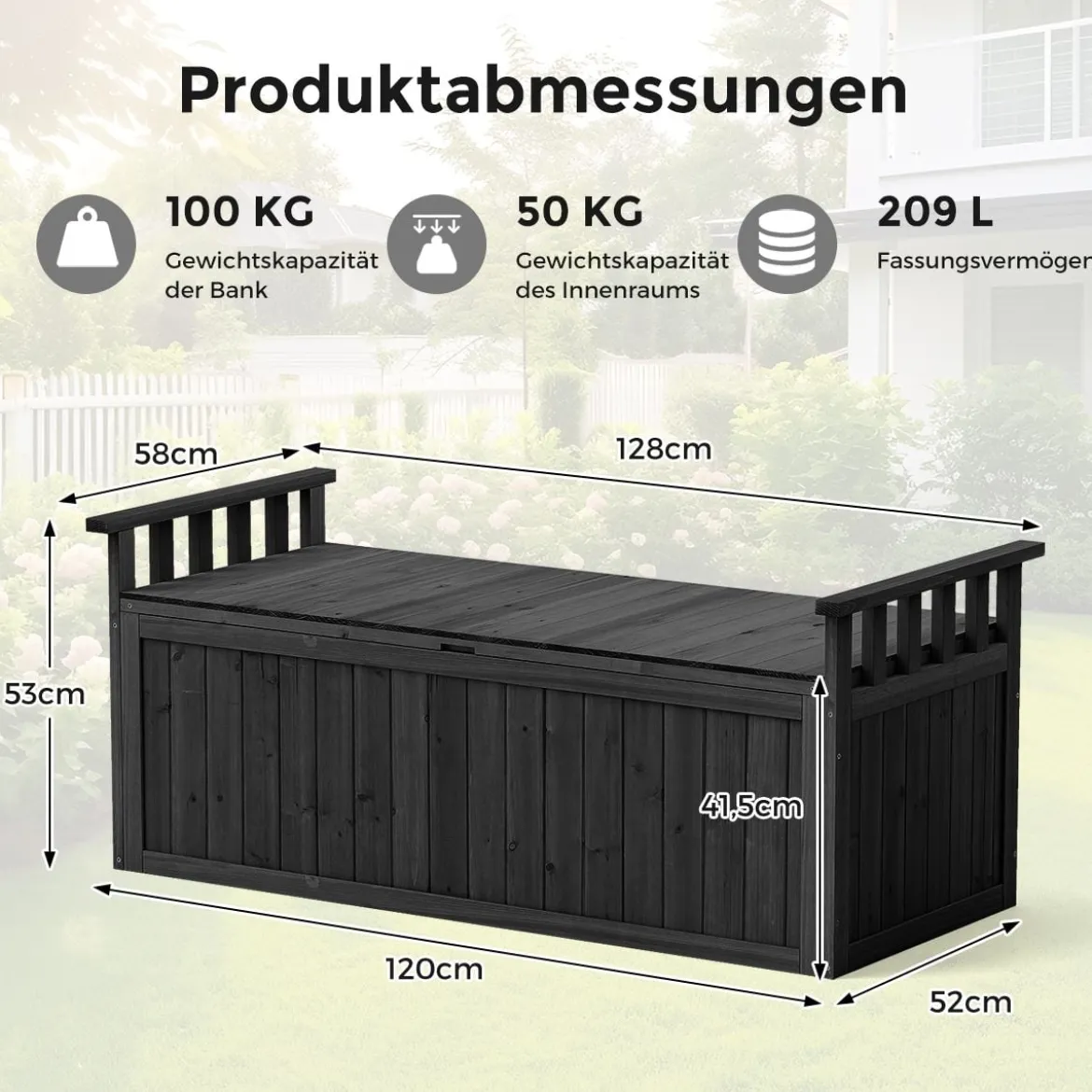 Outdoor Holz Aufbewahrungsbank mit Armlehnen & Deckel 2-Sitzer Bank mit Stauraum Schwarz