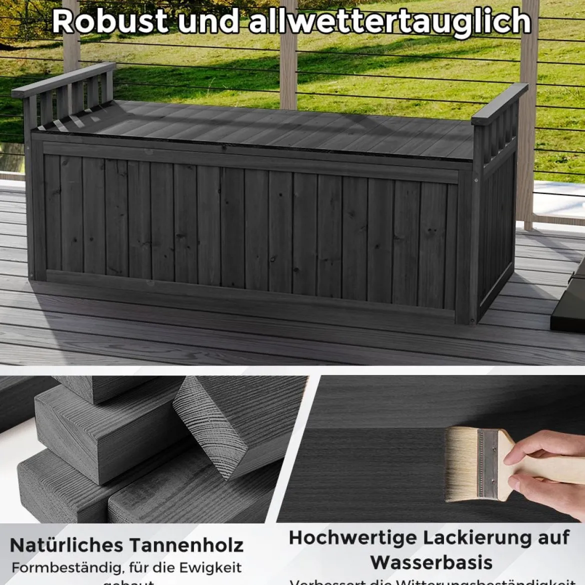 Outdoor Holz Aufbewahrungsbank mit Armlehnen & Deckel 2-Sitzer Bank mit Stauraum Schwarz